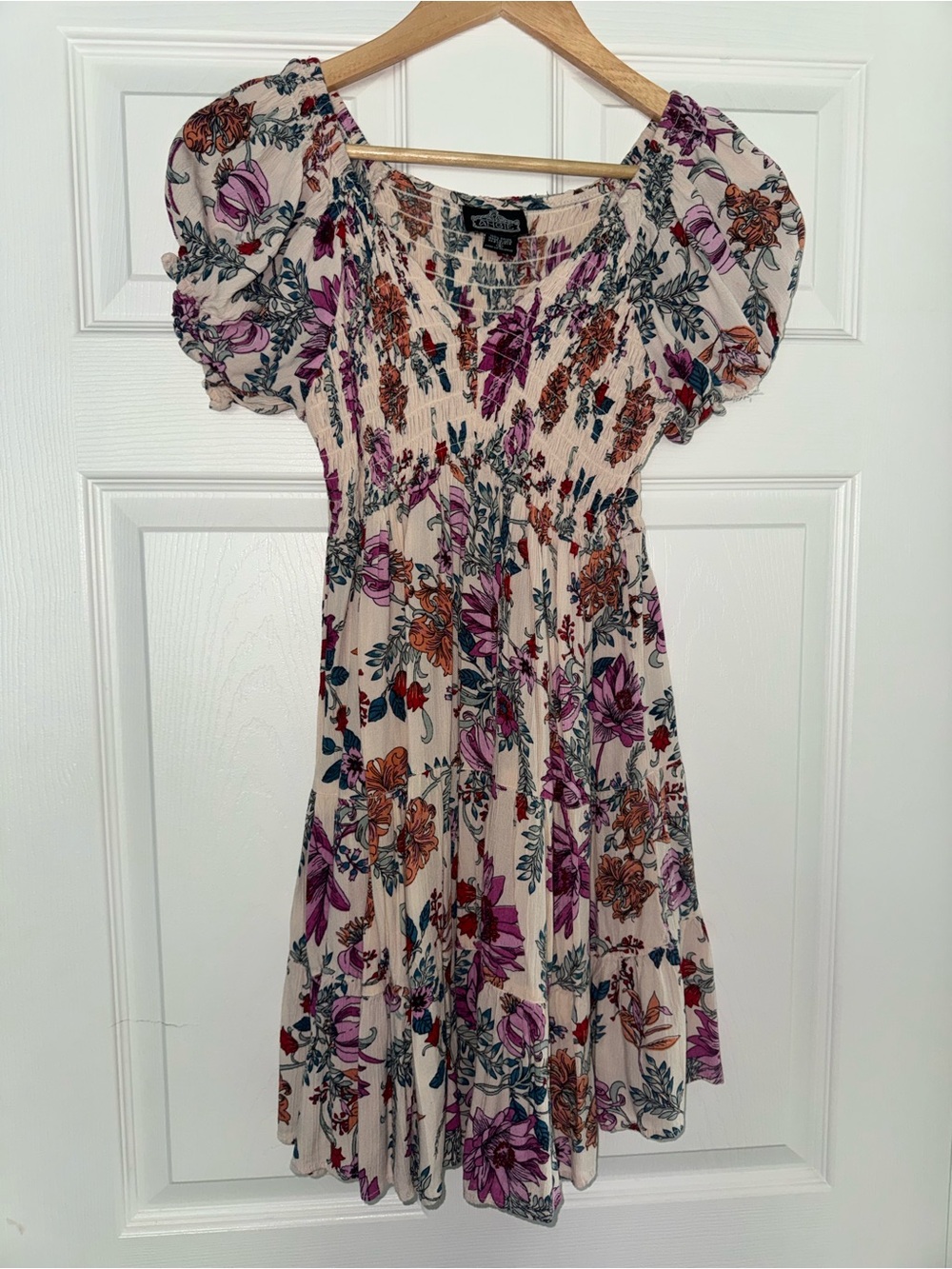 Angie Cream Floral Smocked Midi Dress with Purple and Rust Blooms